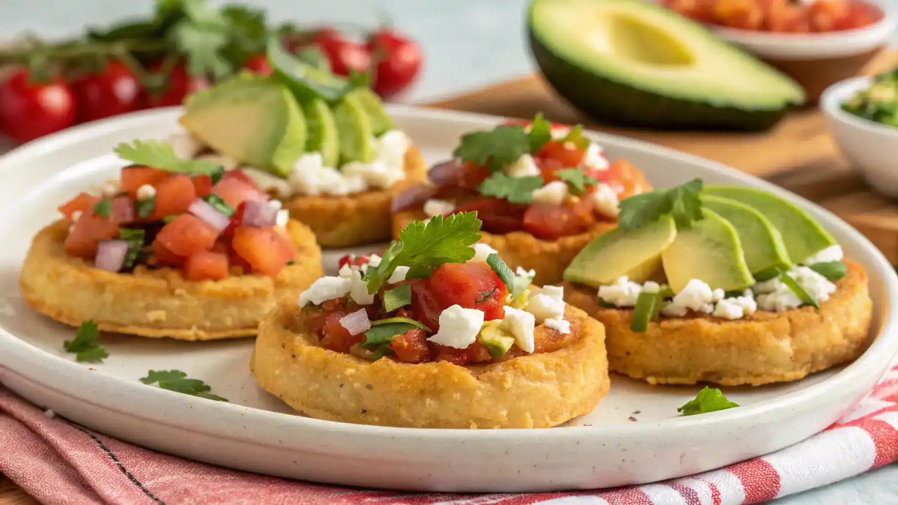 A plate of sopes topped with refried beans, vegetables, and queso fresco.
