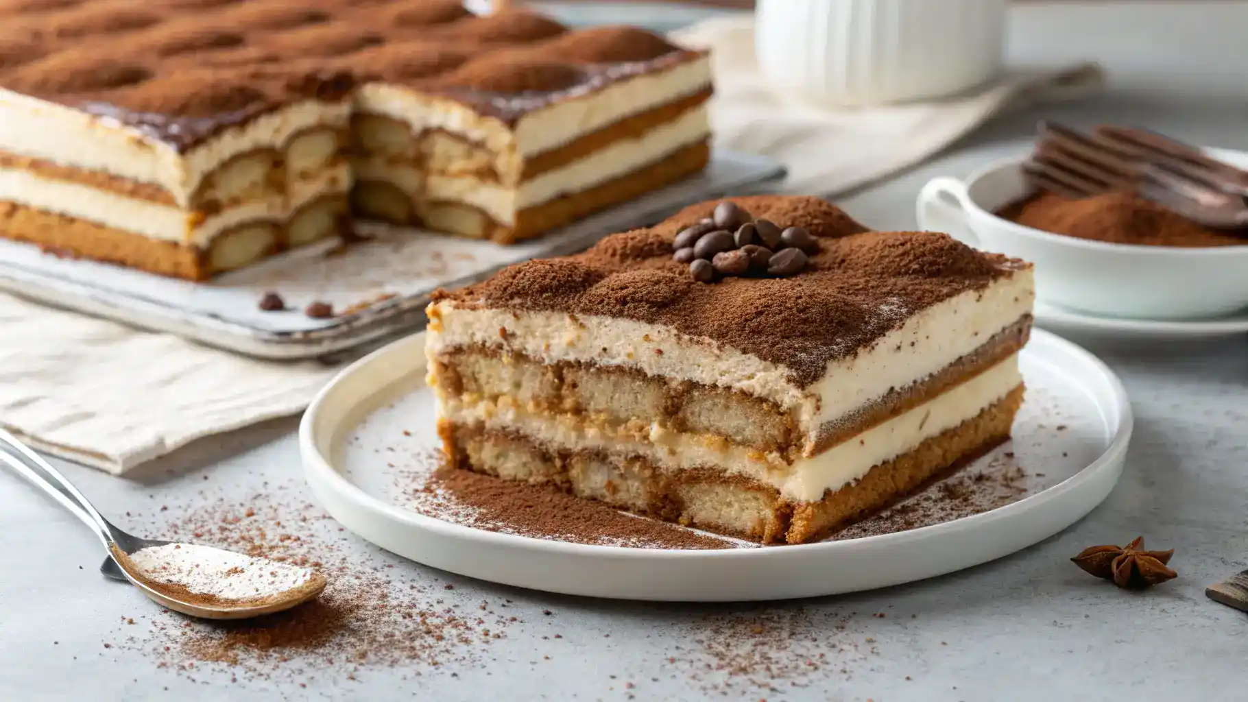 A beautifully presented tiramisu cake with a slice cut out.