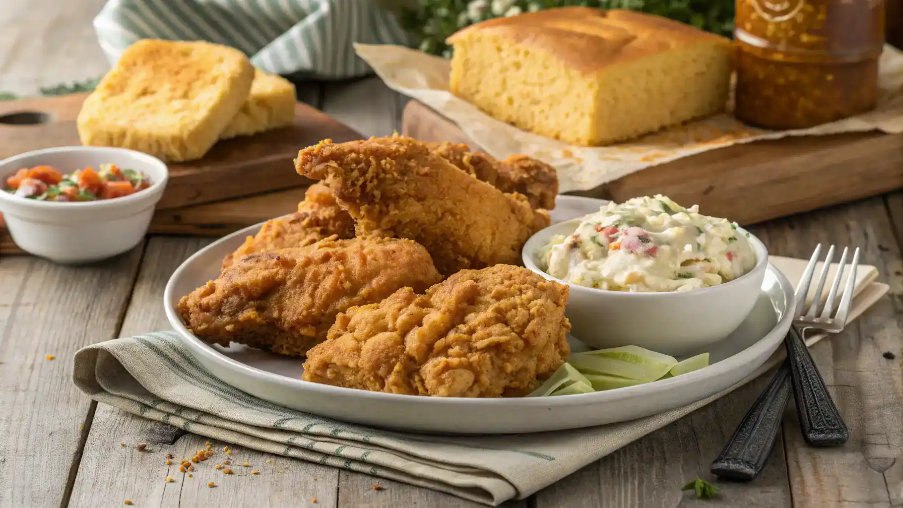 Serving suggestions for Maryland Fried Chicken with various sides.
