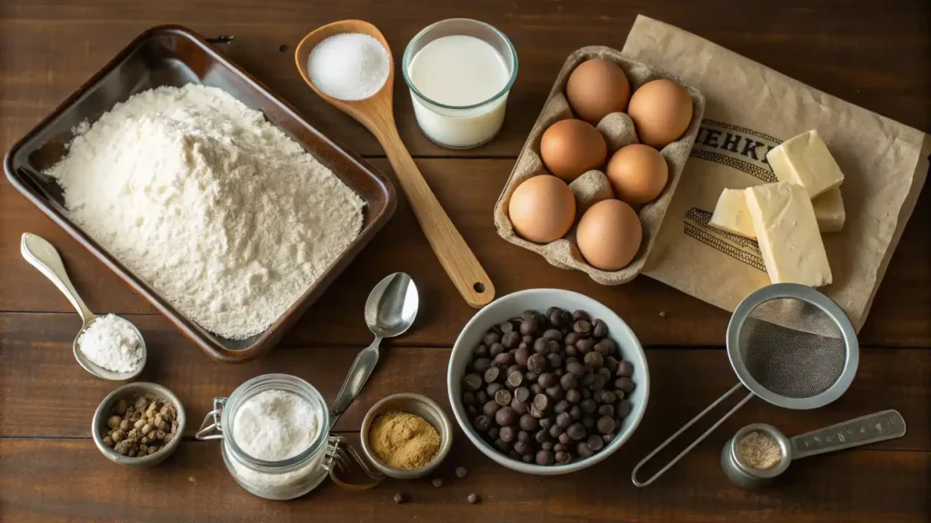 A collection of baking ingredients including flour, sugar, eggs, and chocolate chips, beautifully arranged.