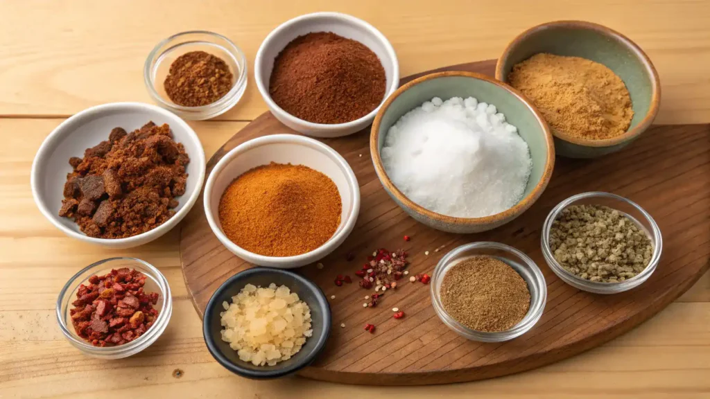 Ingredients for brisket rub displayed on a wooden surface, including various spices and herbs.
