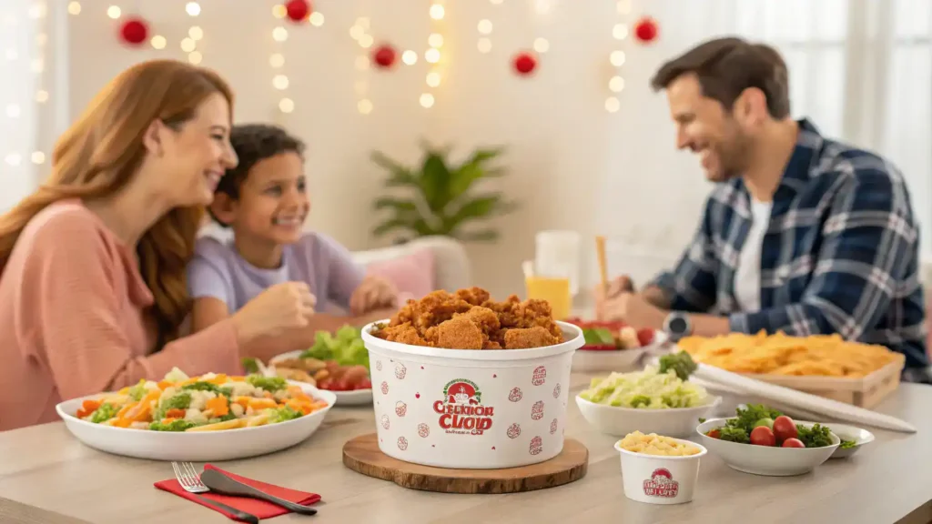 A family enjoying a Chicken King feast at the dining table.