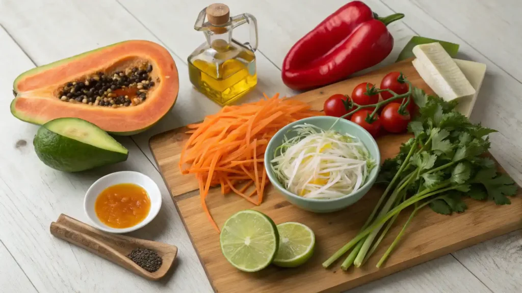 Ingredients for a green papaya salad displayed on a wooden table.