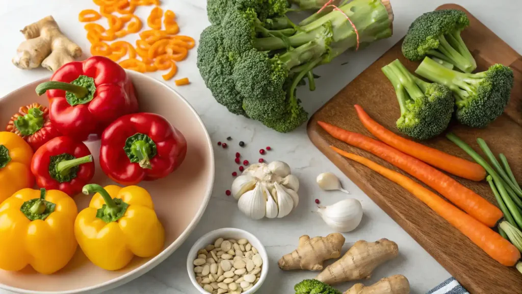 Fresh ingredients for a stir-fry including bell peppers, broccoli, and garlic, ready for cooking.