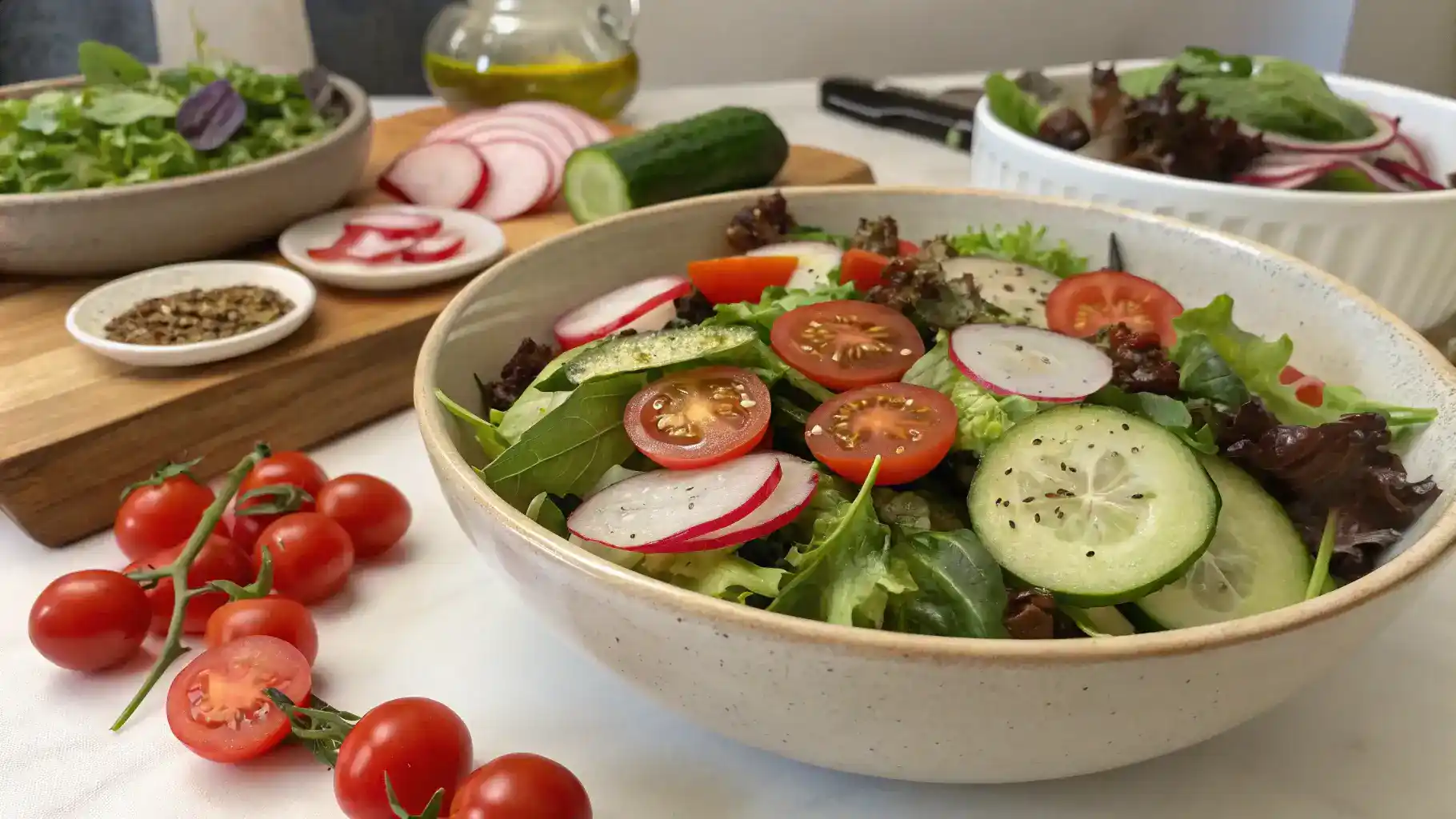 A vibrant salad bowl filled with fresh mesclun greens, cherry tomatoes, cucumber, and radishes, ready to be tossed.