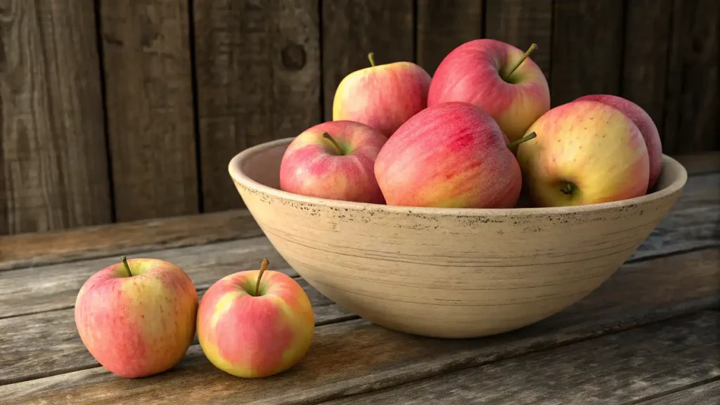 A bowl of fresh Pink Lady apples with vibrant colors.