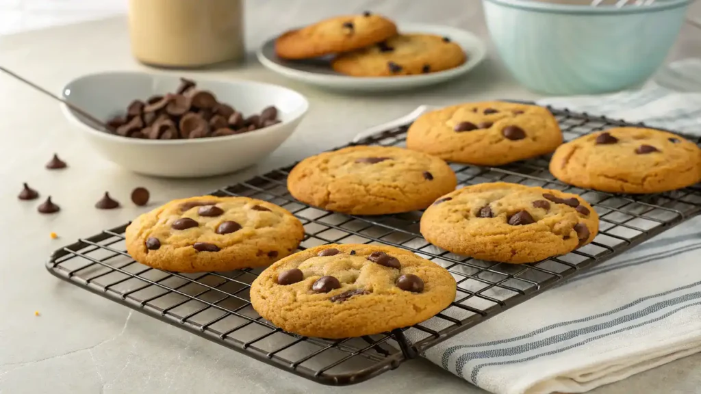 Freshly baked Pillsbury cookies cooling on a rack, golden brown with melted chocolate chips.