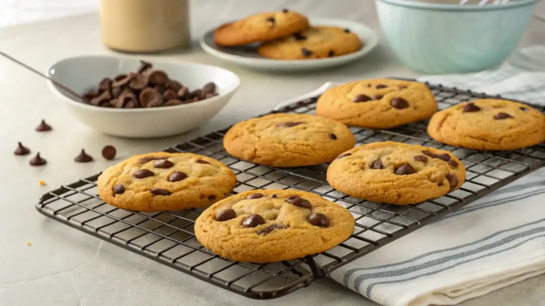 Freshly baked Pillsbury cookies cooling on a rack, golden brown with melted chocolate chips.