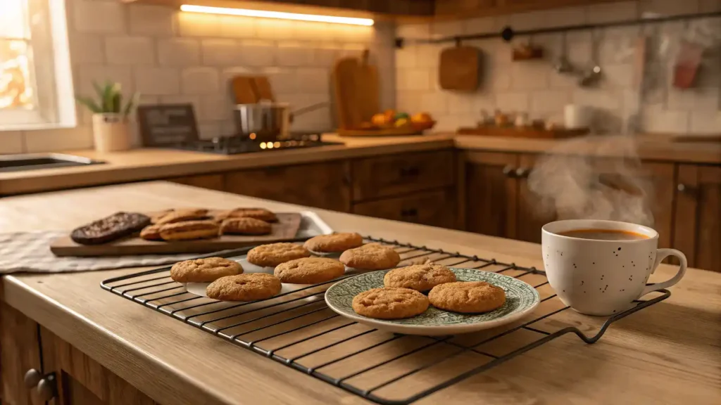 Freshly baked goods cooling on a wire rack in a cozy kitchen.