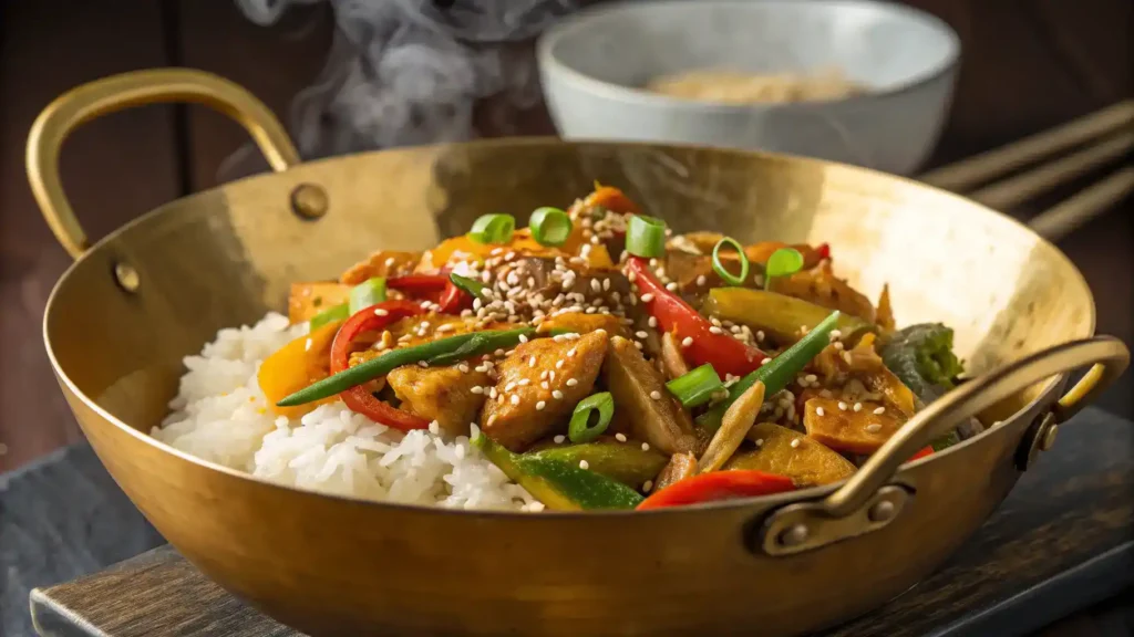 A golden wok filled with a colorful stir-fry served over jasmine rice, garnished with sesame seeds.