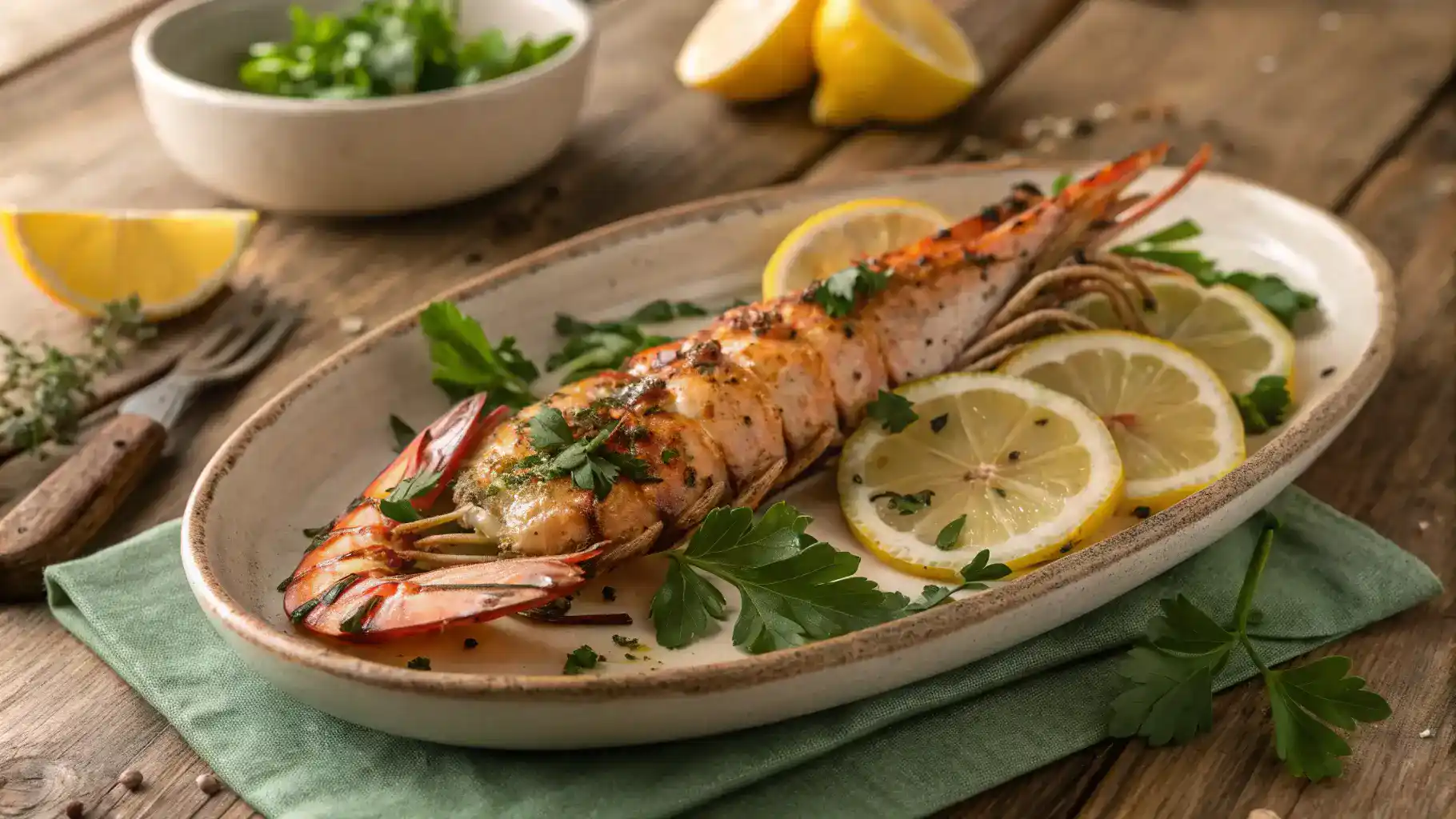 Grilled langoustines garnished with herbs and lemon on a wooden table.