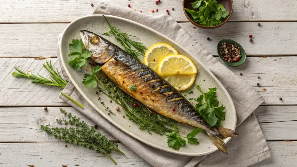 A deliciously grilled mackerel fish served with fresh herbs and lemon wedges.