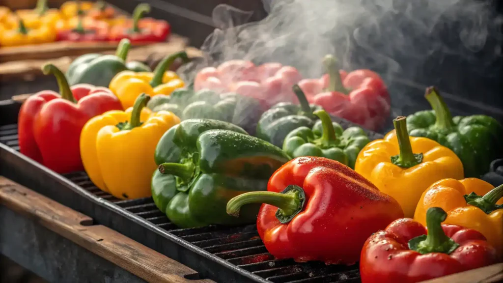 Variety of sweet peppers roasting on a grill.