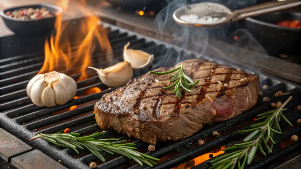 Marinated sirloin tip steak grilling with garlic and rosemary.