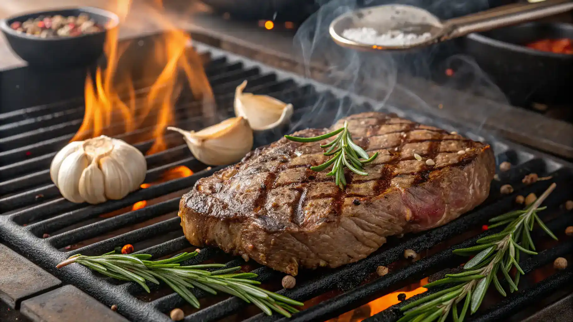 Marinated sirloin tip steak grilling with garlic and rosemary.