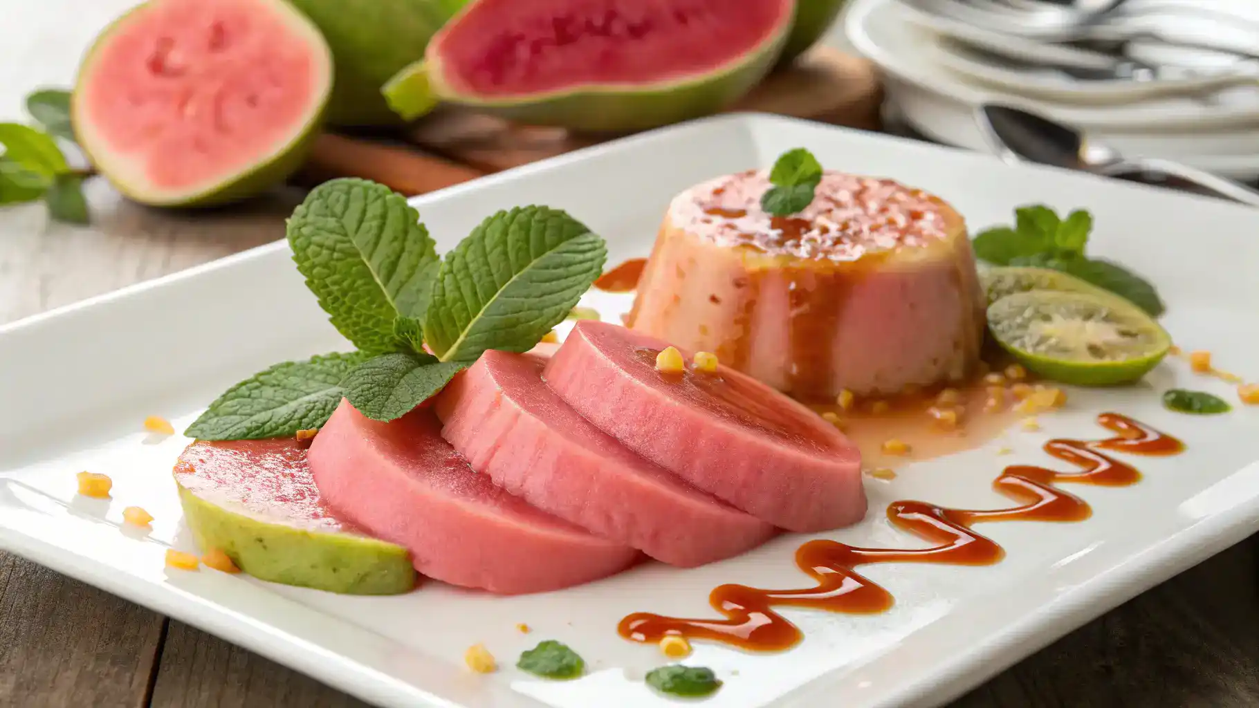 A delicious guayaba dessert beautifully plated, showcasing its vibrant color and texture.