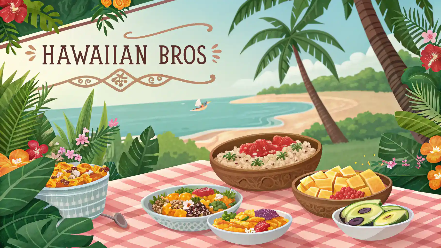 A beautifully arranged Hawaiian Bros menu featuring colorful dishes and tropical decorations.