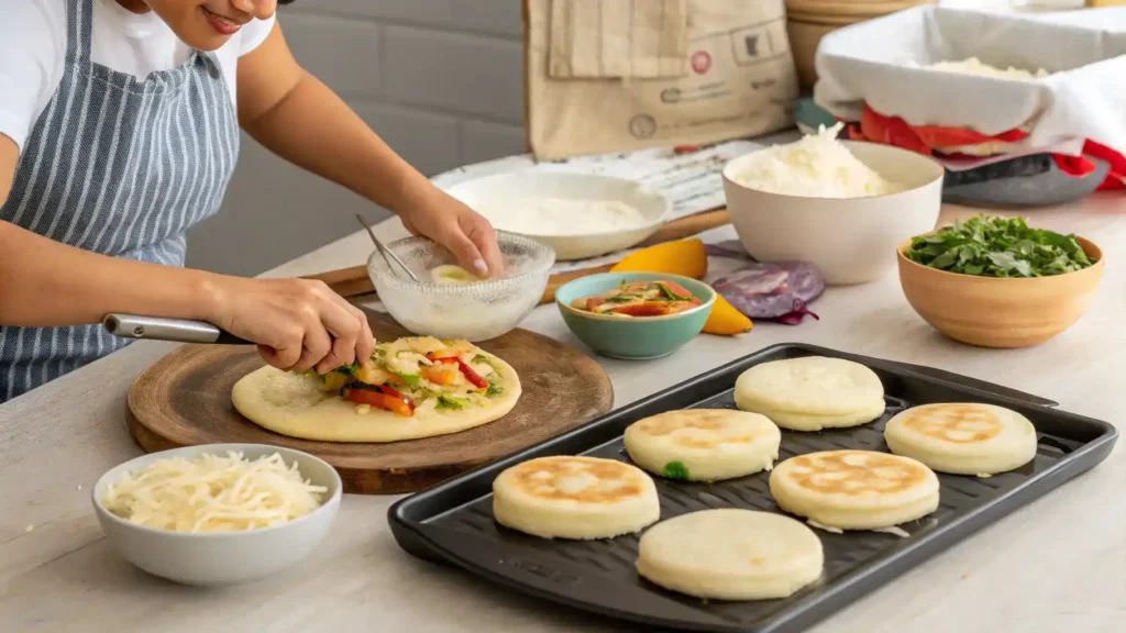 A step-by-step process of making arepas with harina pan, showcasing the dough and fillings.