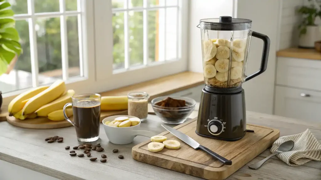 A blender filled with banana chunks and brewed coffee, ready to be blended into a delicious drink.