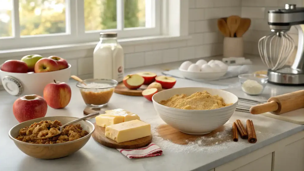 Ingredients and steps for making candy apple cookies displayed in a bright kitchen.