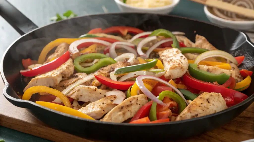 A colorful Chicken Fiesta being prepared in a skillet with bell peppers and onions.