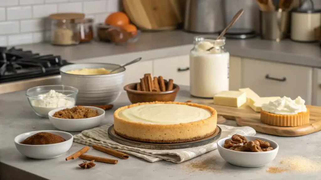 Step-by-step process of making churro cheesecake with ingredients displayed.