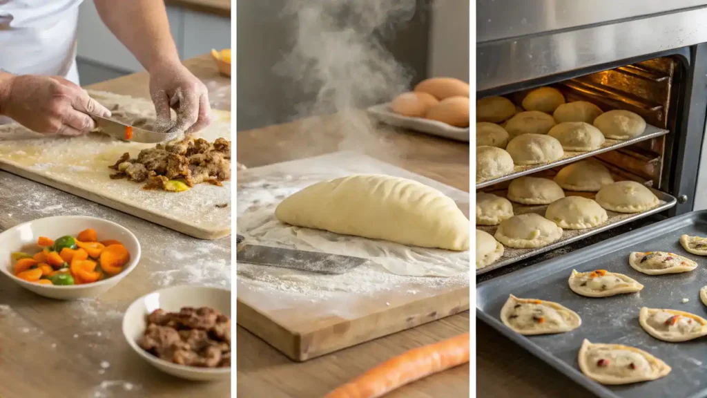 Step-by-step process of making Cornish pasties, including dough preparation and filling assembly.