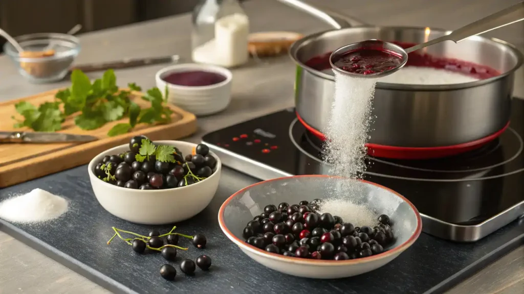 A step-by-step process of making creme de cassis with fresh blackcurrants and sugar in a saucepan.