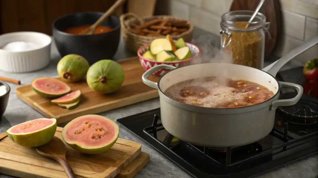 A step-by-step process of making guayaba jam with ingredients like ripe guayabas, sugar, and lemon juice.