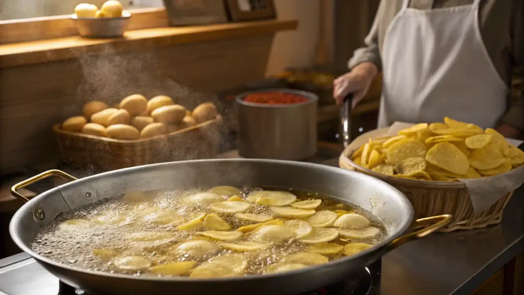 Step-by-step process of making hot chips, showcasing ingredients and frying technique.