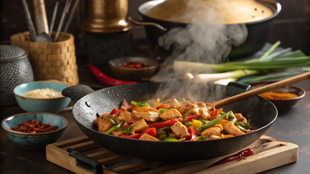 A vibrant Lao Sze Chuan dish being prepared in a wok with colorful ingredients.