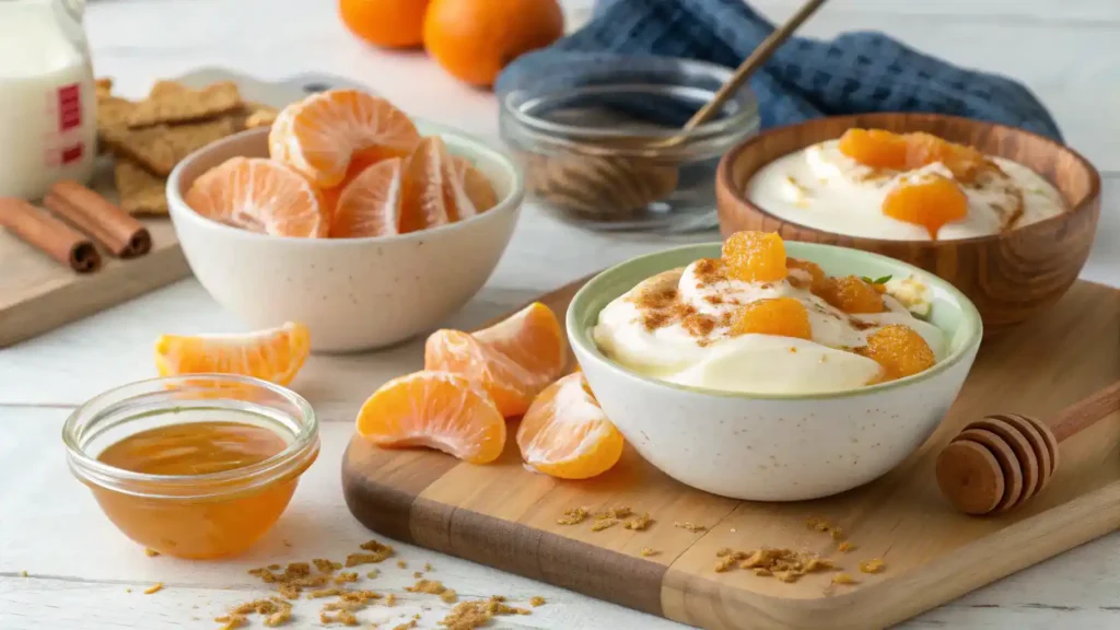 Step-by-step process of making a mandarin orange dessert with fresh ingredients.
