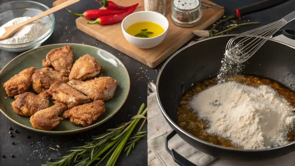 Step-by-step process of making Maryland Fried Chicken, including marinated chicken, seasoned flour, and frying pan.