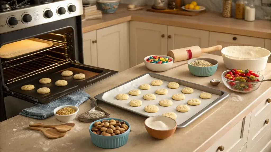 Step-by-step process of making Pillsbury cookies, including preheating the oven and preparing the dough.