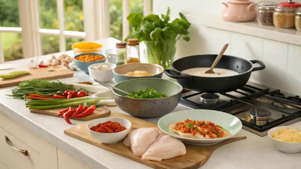 Step-by-step cooking process of Poulet Thailand with ingredients displayed.