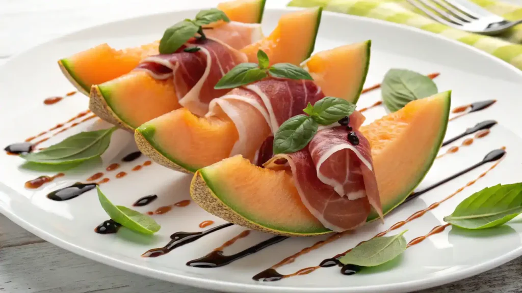 A plate of prosciutto e melone featuring cantaloupe slices wrapped in prosciutto, garnished with basil and balsamic glaze.