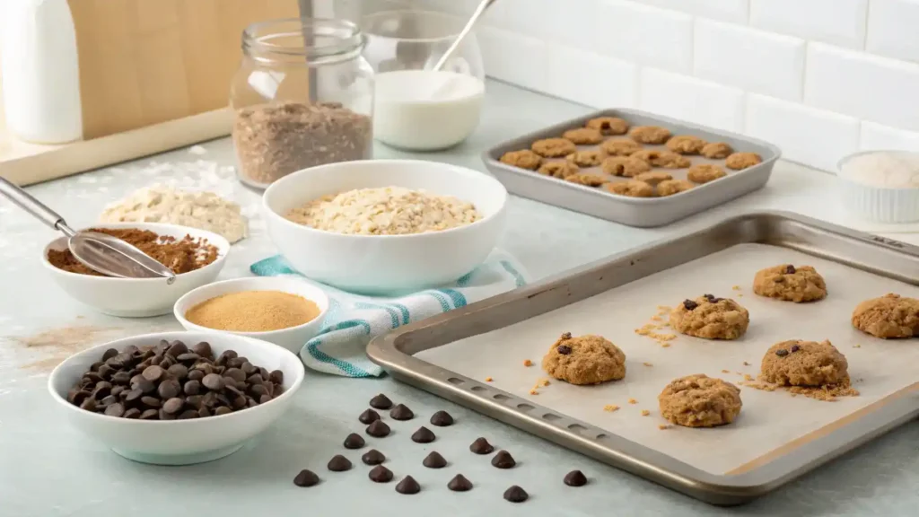 Step-by-step process of making protein cookies with ingredients displayed.