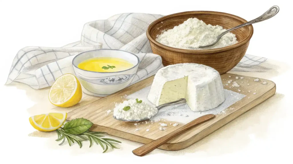 Step-by-step process of making ricotta salata with ingredients and tools.