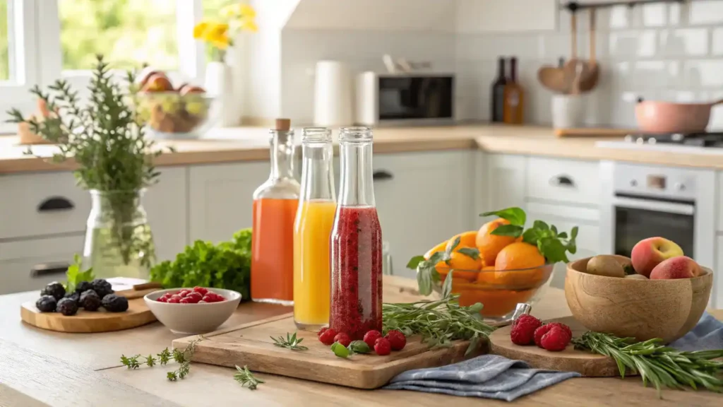 A colorful display of schnapps ingredients including fruit juice, sugar, and fresh herbs on a kitchen counter.