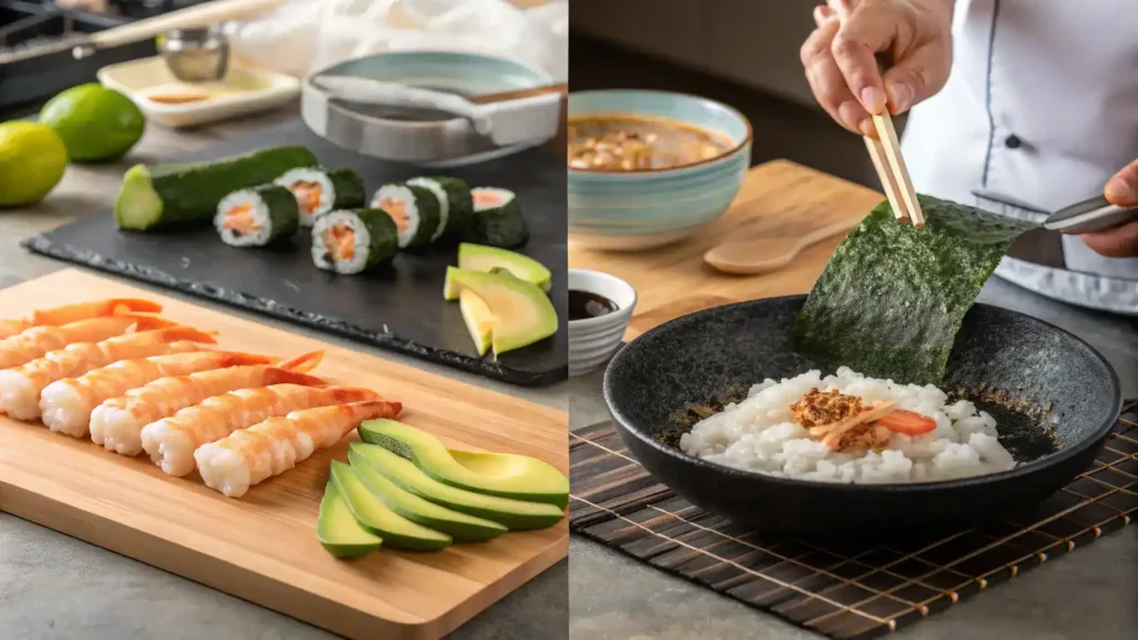 Step-by-step process of making shrimp tempura rolls, including ingredients and preparation steps.