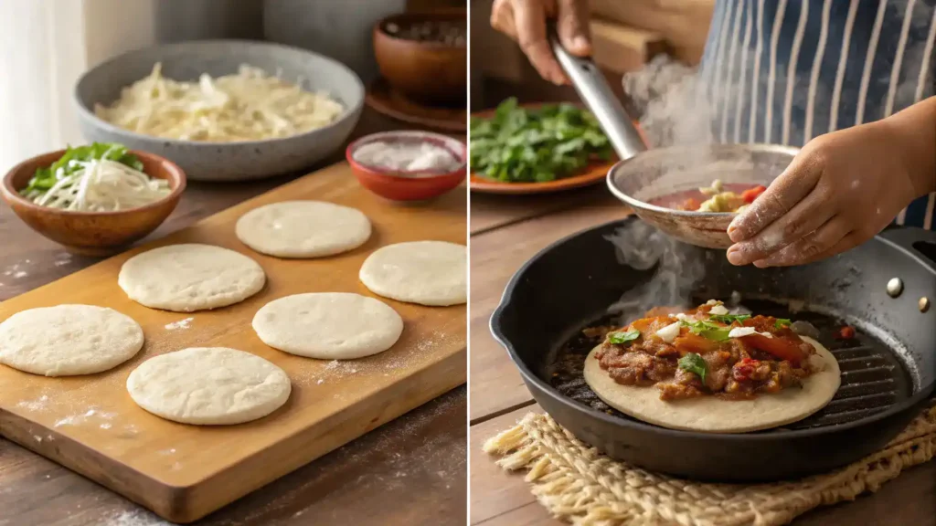 Step-by-step process of making sopes, including dough preparation and cooking.