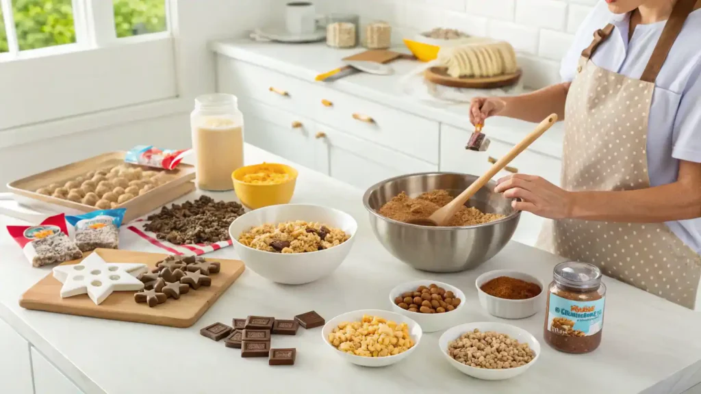 A step-by-step process of making Star Crunch treats with ingredients laid out on a countertop.
