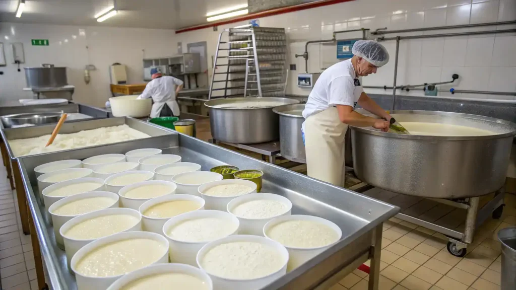 A step-by-step process of making stilton cheese, showcasing ingredients and tools.