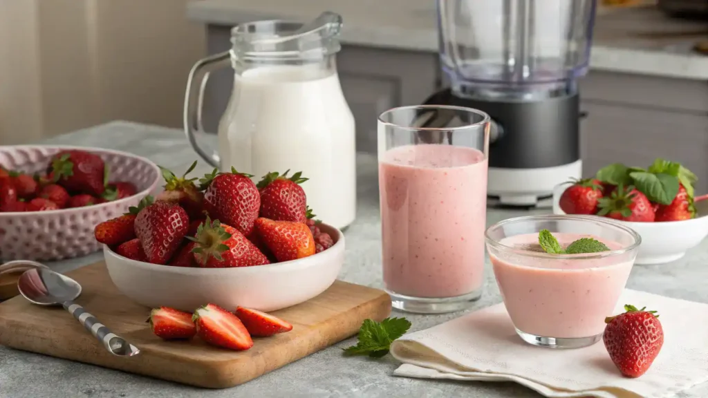 A step-by-step guide to making strawberry milk with fresh ingredients.