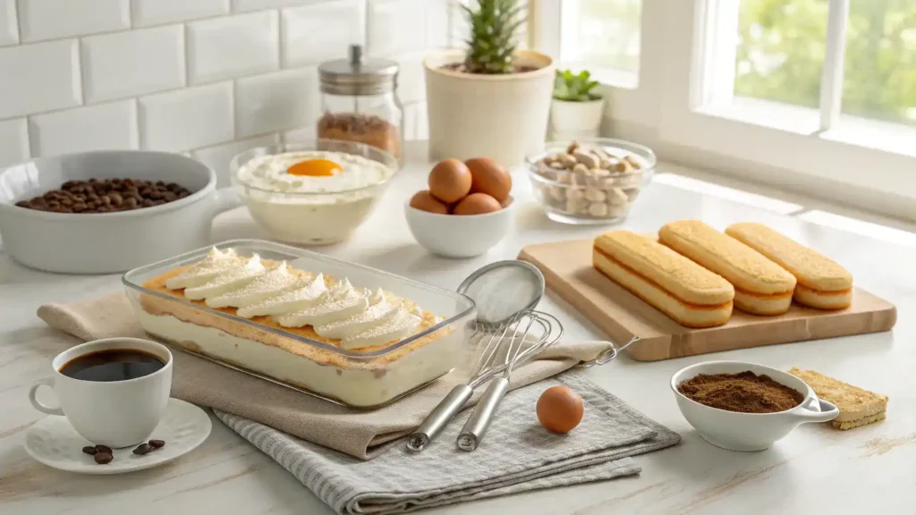 Step-by-step preparation of tiramisu cake with ingredients displayed.
