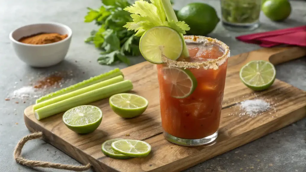 A refreshing Clamato drink being prepared with ingredients like Clamato juice, lime juice, and garnishes.