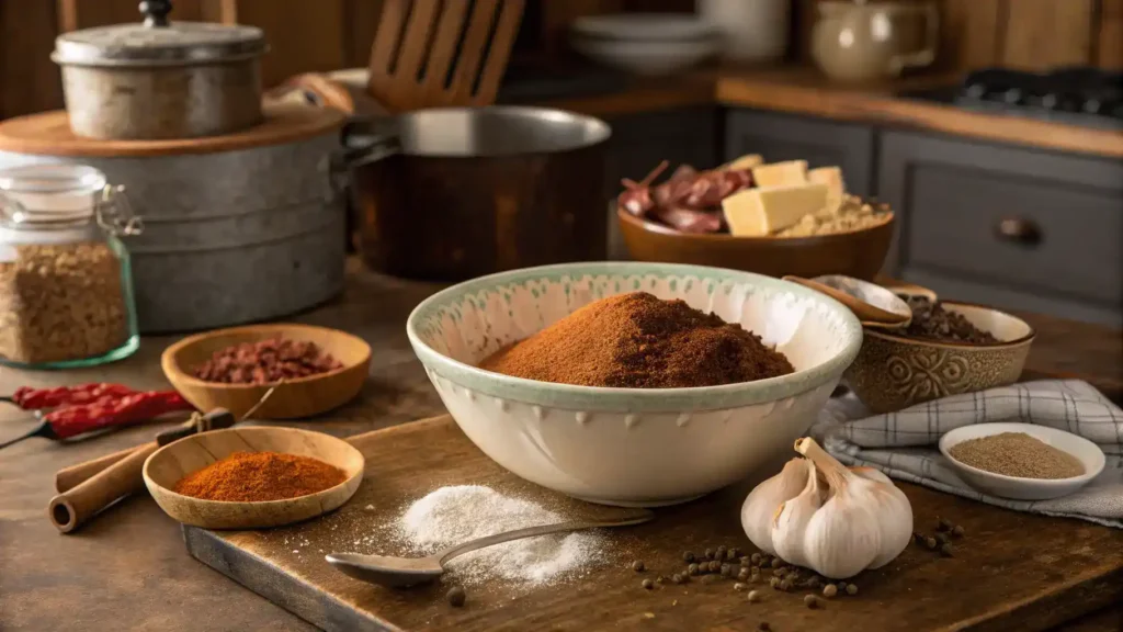 A mixing bowl filled with spices for making brisket rub, including brown sugar, paprika, and garlic powder.