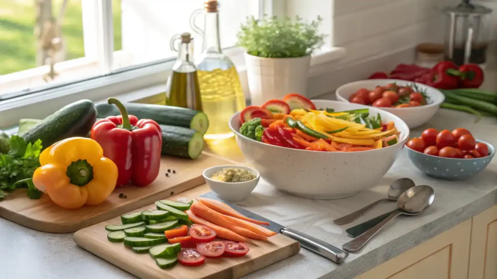 A vibrant dish being prepared with media crema, featuring fresh vegetables and a creamy texture.