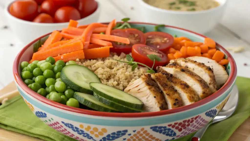 A vibrant Yummy Bowl filled with quinoa, sautéed vegetables, and chickpeas, garnished with fresh herbs.