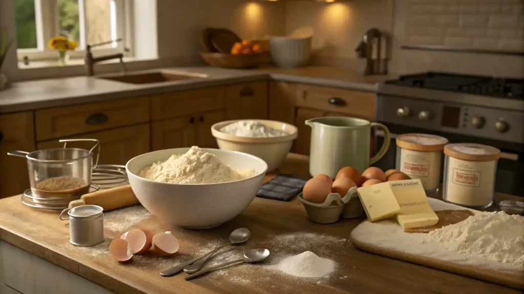 A step-by-step guide to making a cake, showcasing ingredients and mixing process.
